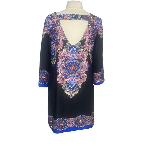 City Studio Dress Large Blue Black Bohemian Shift Long Sleeves - Picture 2 of 7
